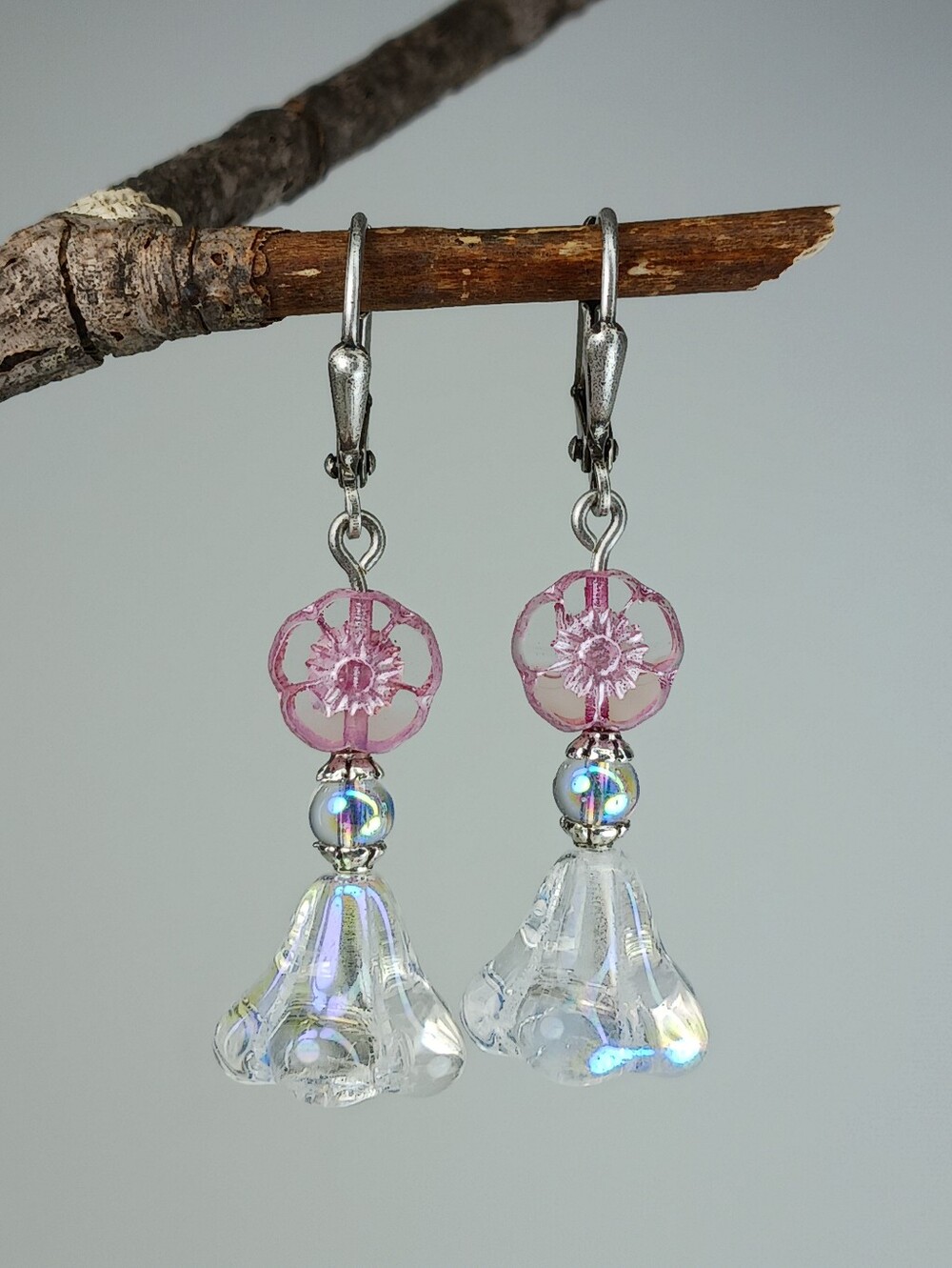 Pink Czech Glass Flower Earrings Clear AB Bellflower Silver Hand Crafted - Picture 4 of 7